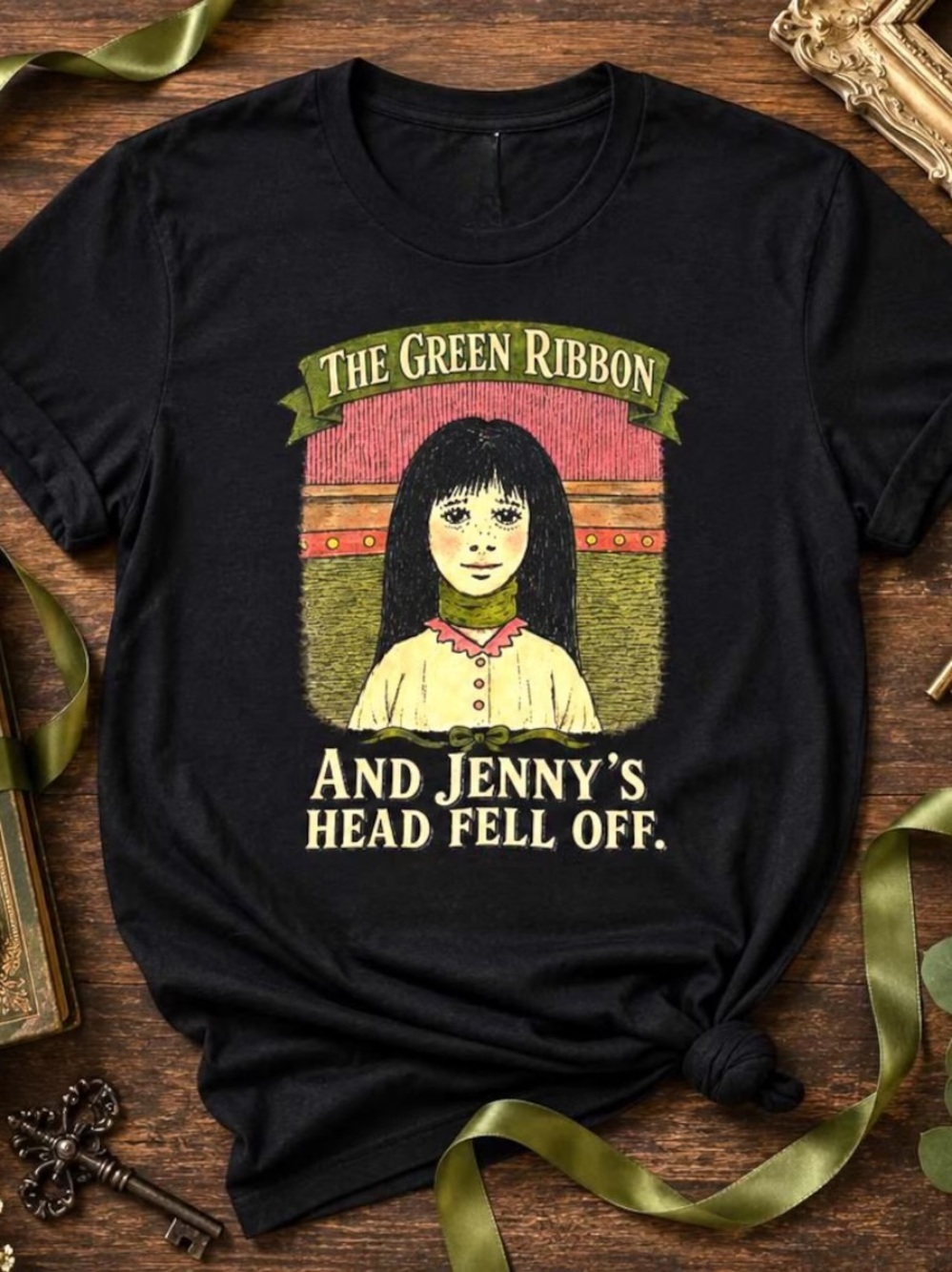 Black Tee with Vintage Green Ribbon Graphic
